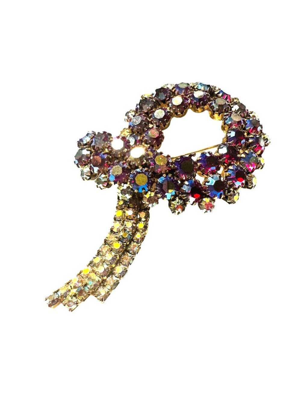 Vintage Gold-Tone Pink Aurora Borealis Rhinestone Bow Brooch 3 Inches Long